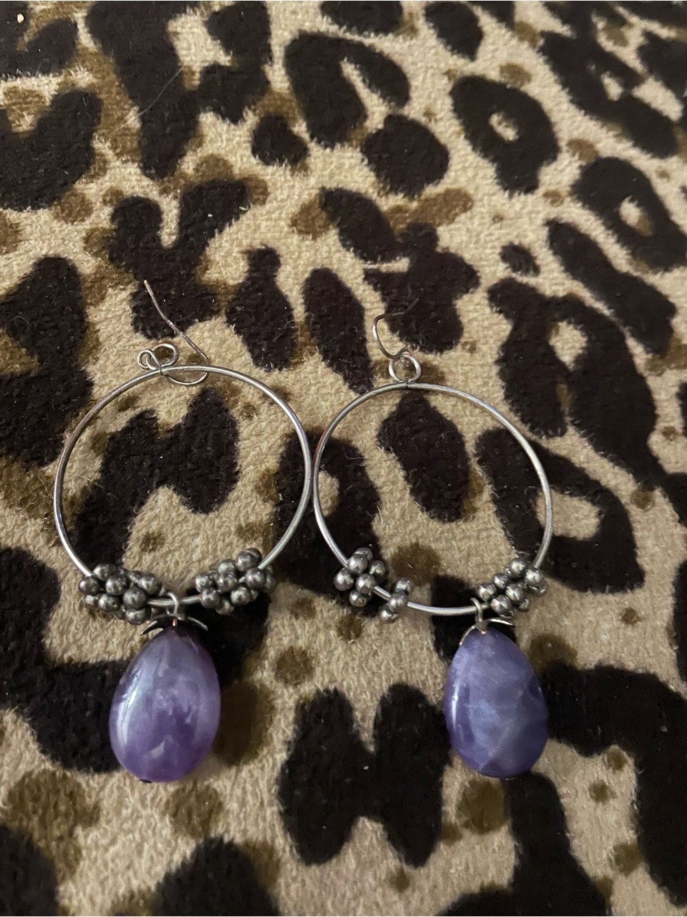 Boho style Handcrafted Silver Hoop Earrings with Purple Teardrop Gemstones